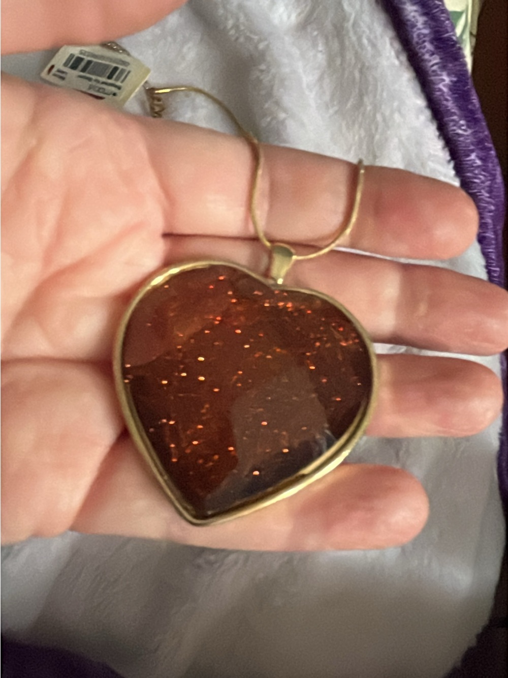 Gold Heart Pendant Necklace with Glittering Brown Resin